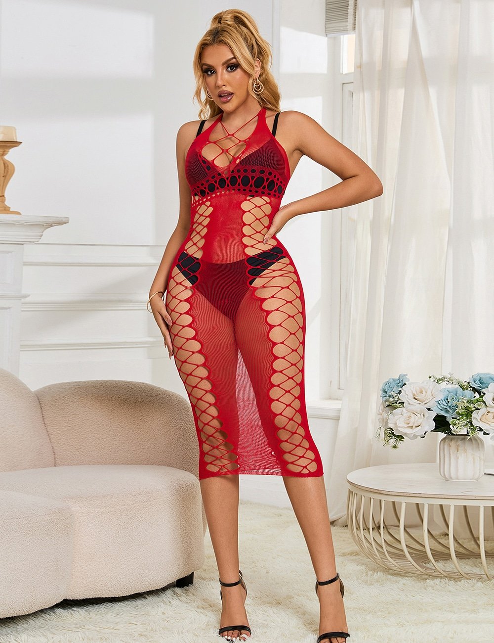 Red Sexy Fishnet Hollow Out Long Lingerie Babydolls - Image 3