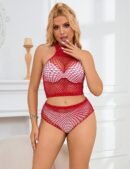 Red Two Piece Fishnet Rhinestone See Through Bikini Top and Shorts Set