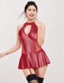 Red Sexy Halter Leather Lace Stitching Gartered Lingerie