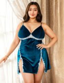 Velour Embroidery Blue Plus Size Nightdress With G String