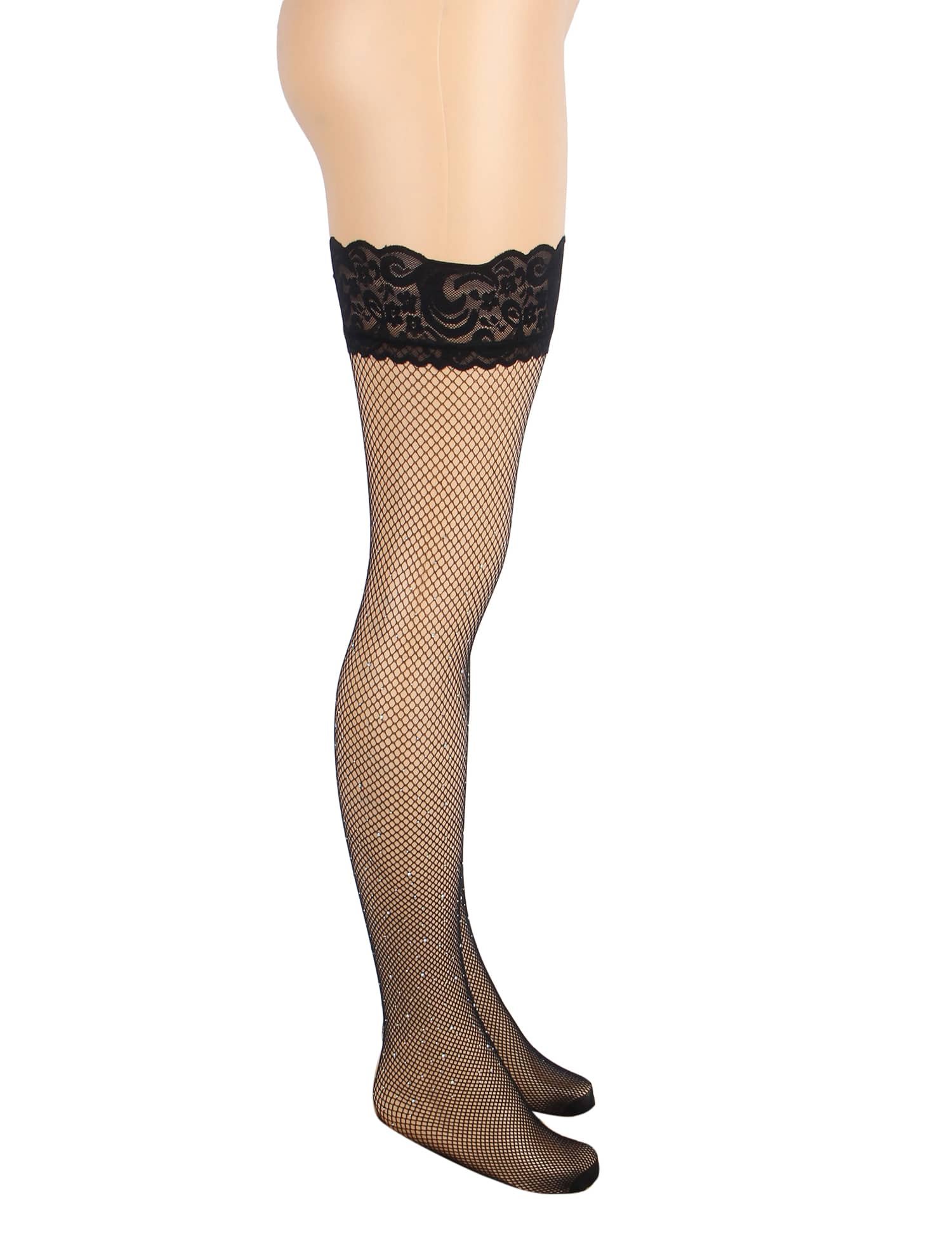 Black Sexy Lace Rhinestone Fishnet Stockings With Silicone - Image 7