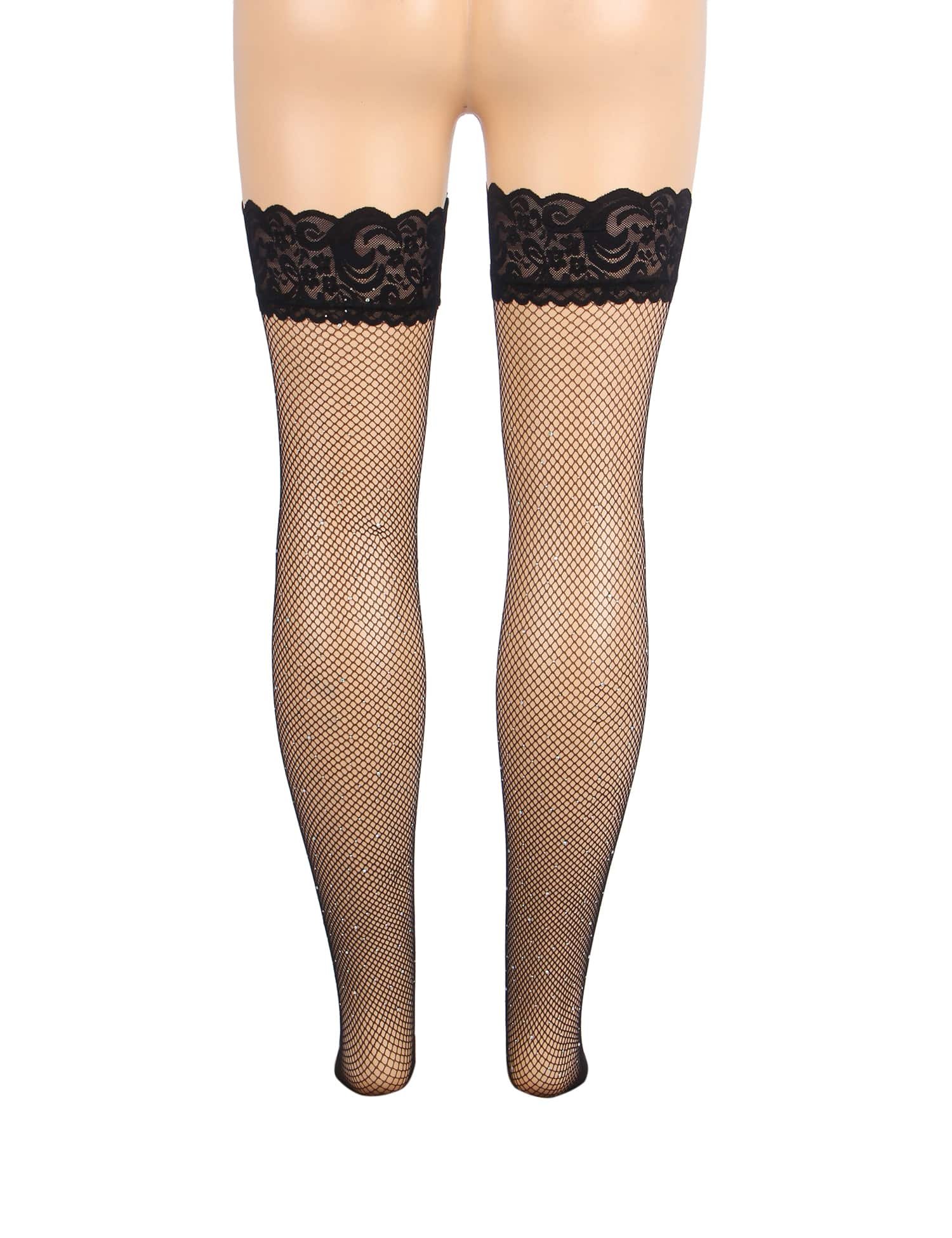 Black Sexy Lace Rhinestone Fishnet Stockings With Silicone - Image 8