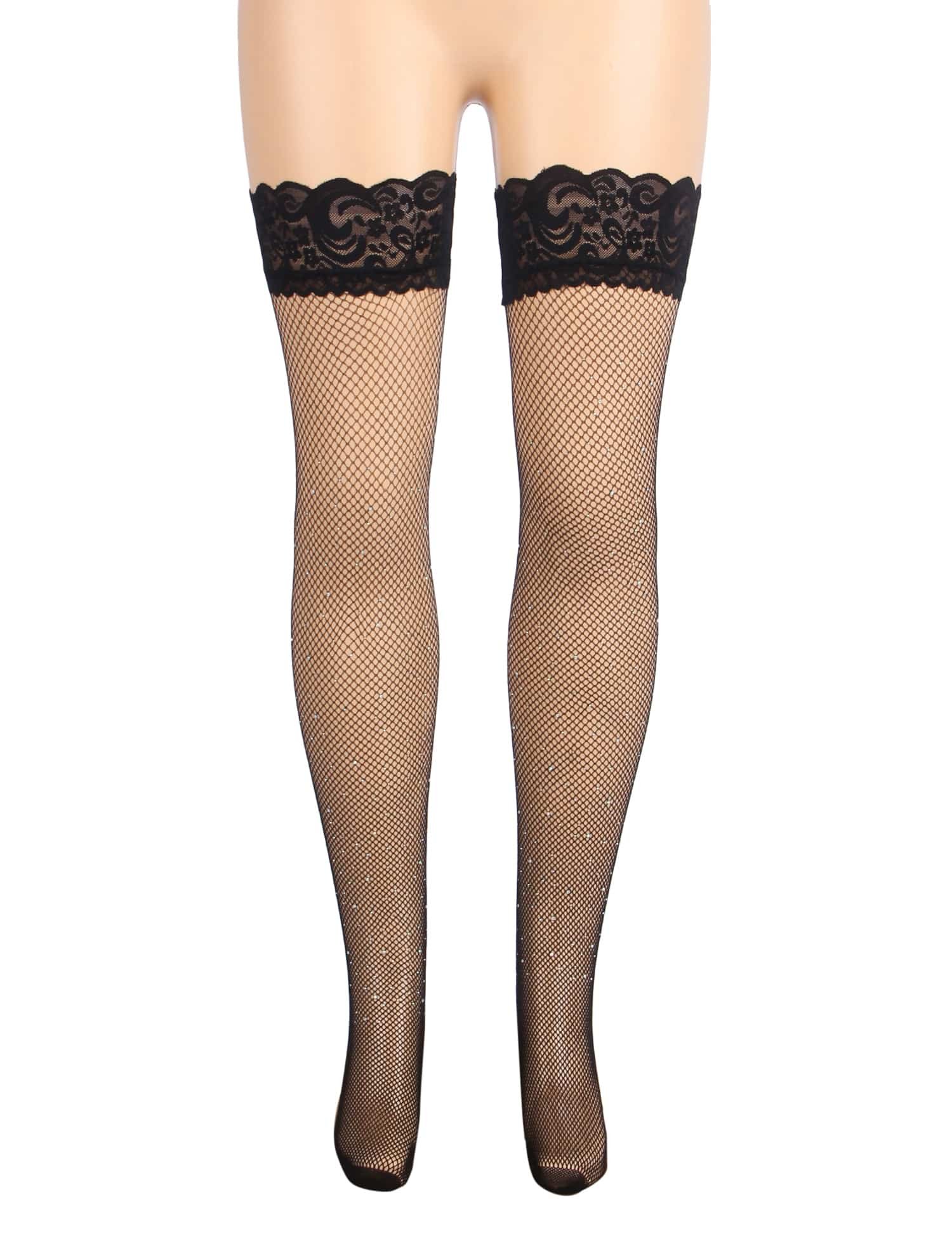 Black Sexy Lace Rhinestone Fishnet Stockings With Silicone - Image 5