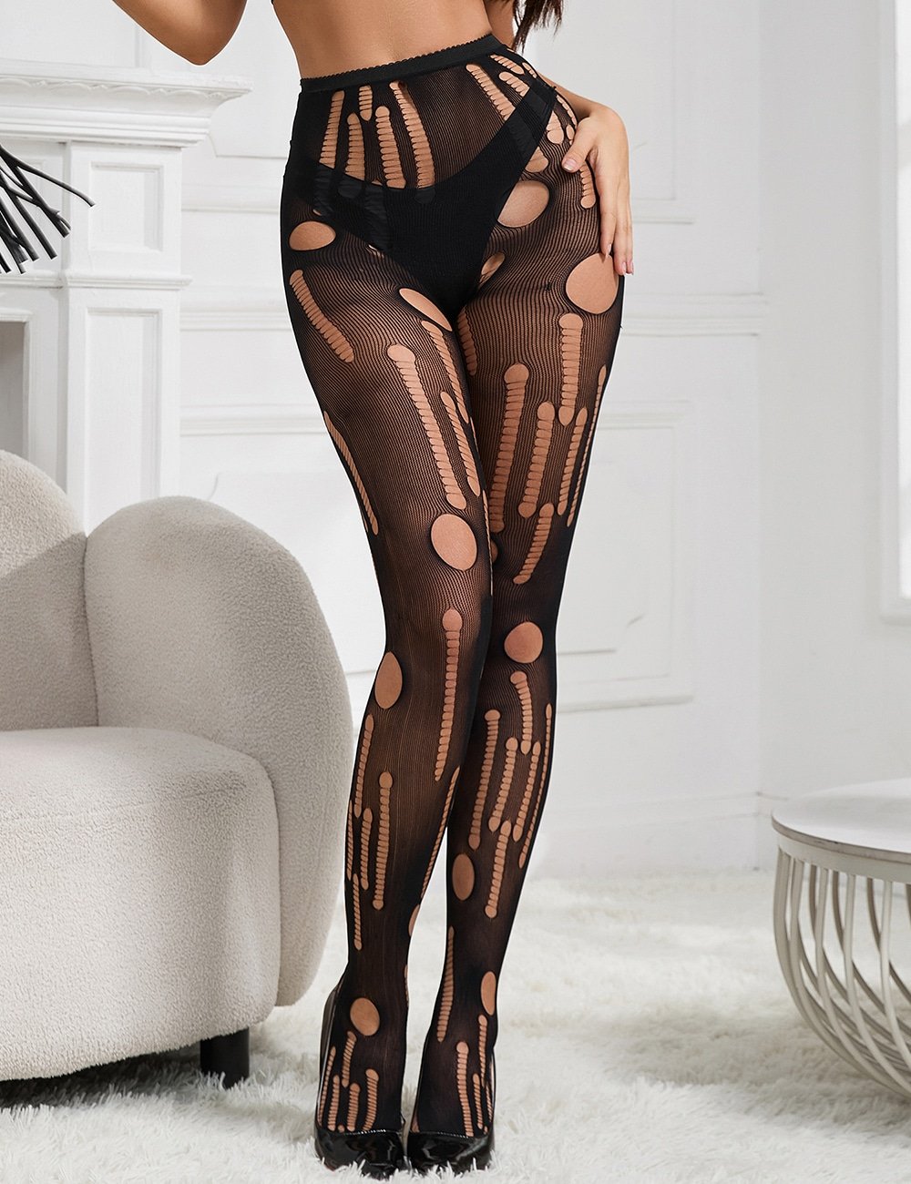 Black Sexy Torn Fishnet Pantyhose - Image 2