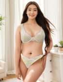 Plus Size Yellow Two Straps Floral Lace Underwire Bra Set
