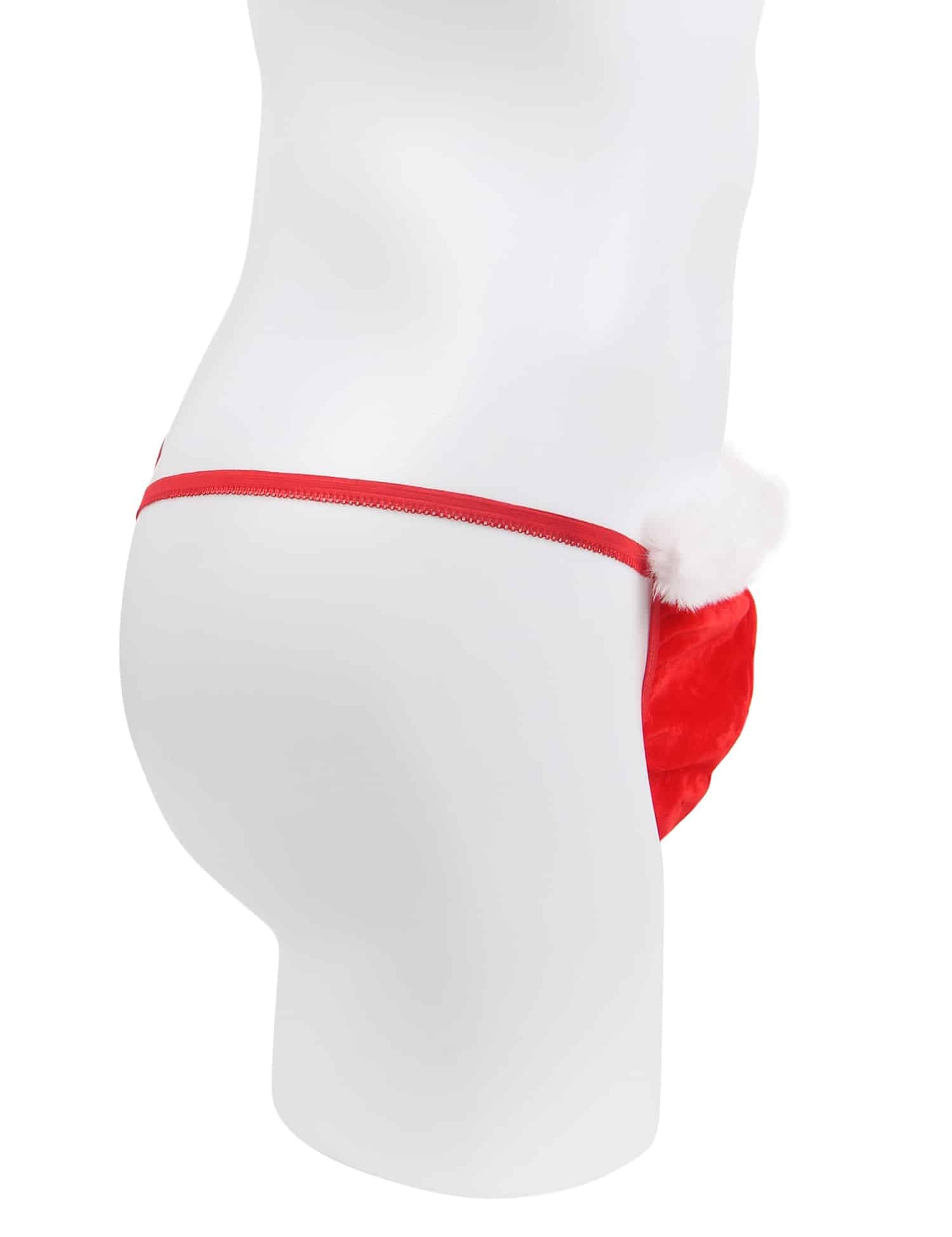 Red Sexy Velvet White Feather Christmas Men Thong Underwear - Image 5