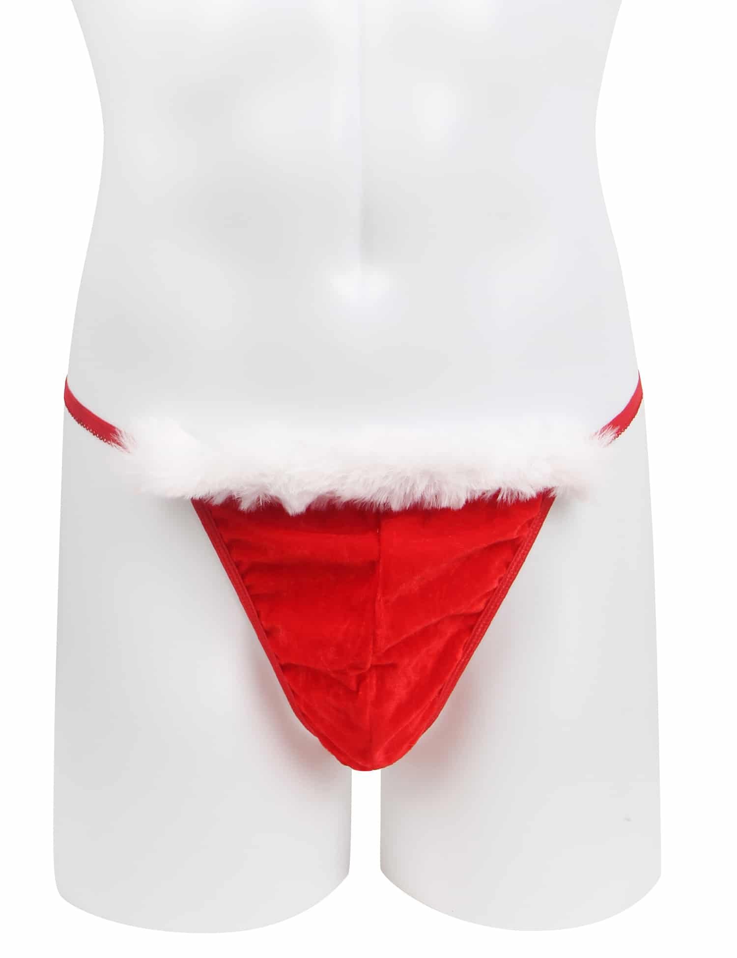 Red Sexy Velvet White Feather Christmas Men Thong Underwear - Image 4
