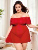 Plus Size Valentine?s Day Style Red Off-Shoulder Lace Sexy Babydoll