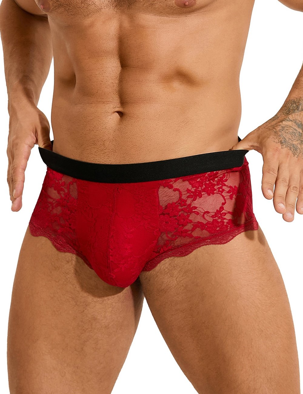 Burgundy Sexy Lace See Through Men Underwear - Image 4