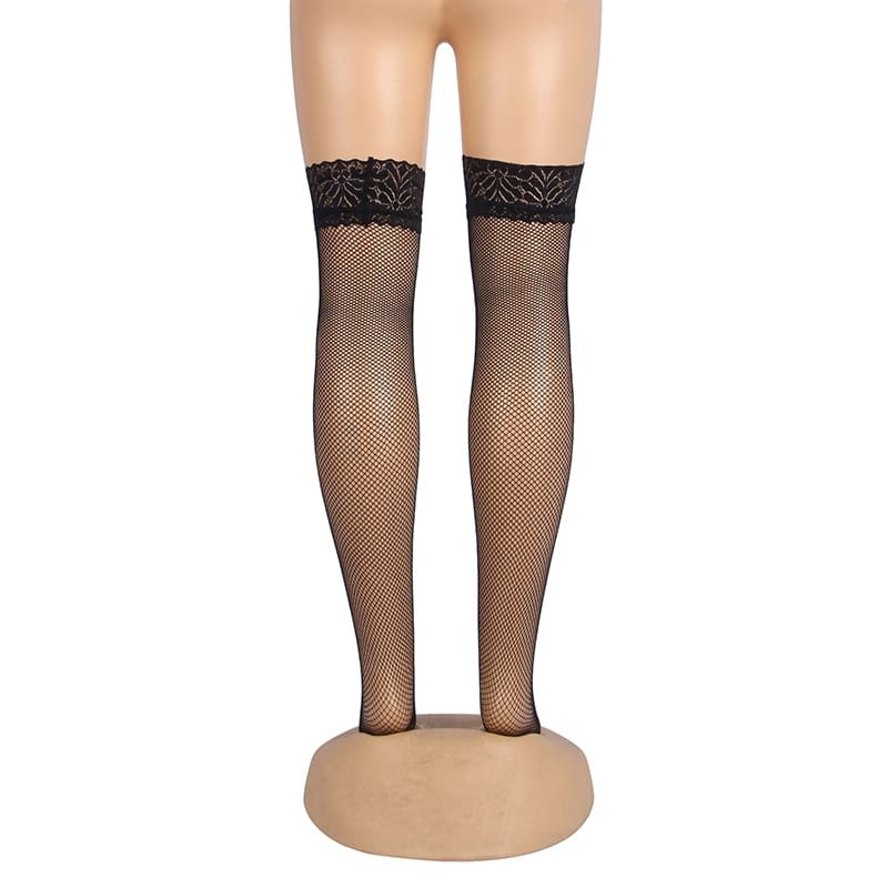 Black Fishnets Thigh High Stockings Silicone Lace Top Stay Up Sheer Hosiery - Image 8