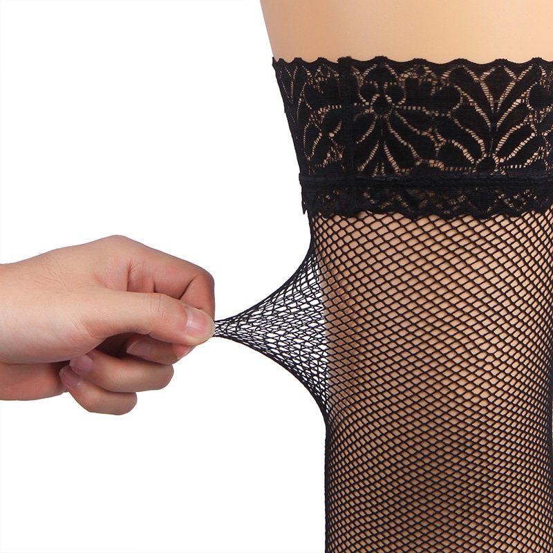 Black Fishnets Thigh High Stockings Silicone Lace Top Stay Up Sheer Hosiery - Image 9