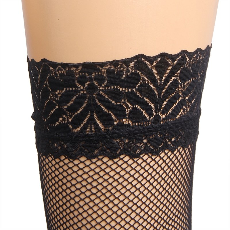 Black Fishnets Thigh High Stockings Silicone Lace Top Stay Up Sheer Hosiery - Image 10