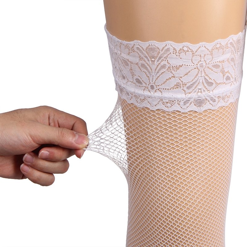 White Fishnets Thigh High Stockings Silicone Lace Top Stay Up Sheer Hosiery - Image 8