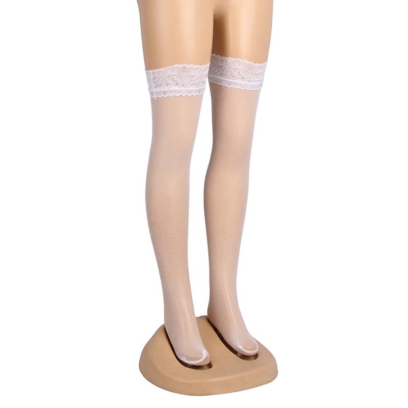 White Fishnets Thigh High Stockings Silicone Lace Top Stay Up Sheer Hosiery - Image 5