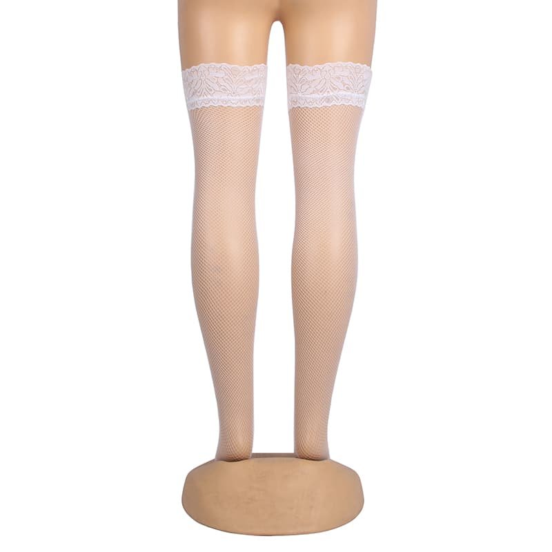 White Fishnets Thigh High Stockings Silicone Lace Top Stay Up Sheer Hosiery - Image 7