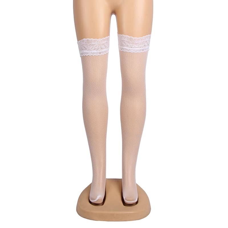 White Fishnets Thigh High Stockings Silicone Lace Top Stay Up Sheer Hosiery - Image 4