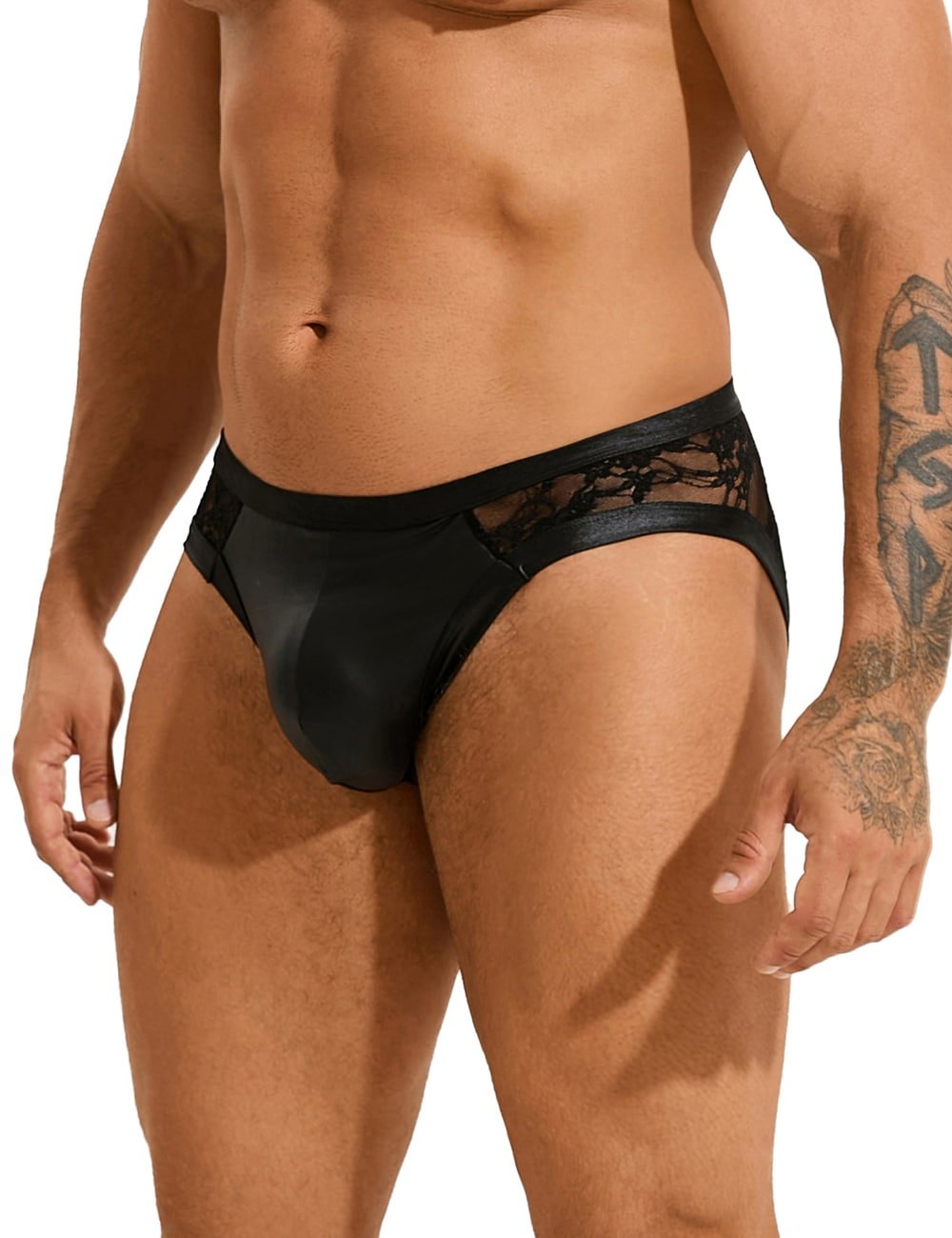 Black Sexy PU Leather Lace Men Underwear - Image 3