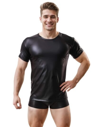 Black Men PU Leather Short Sleeves T-Shirt Top