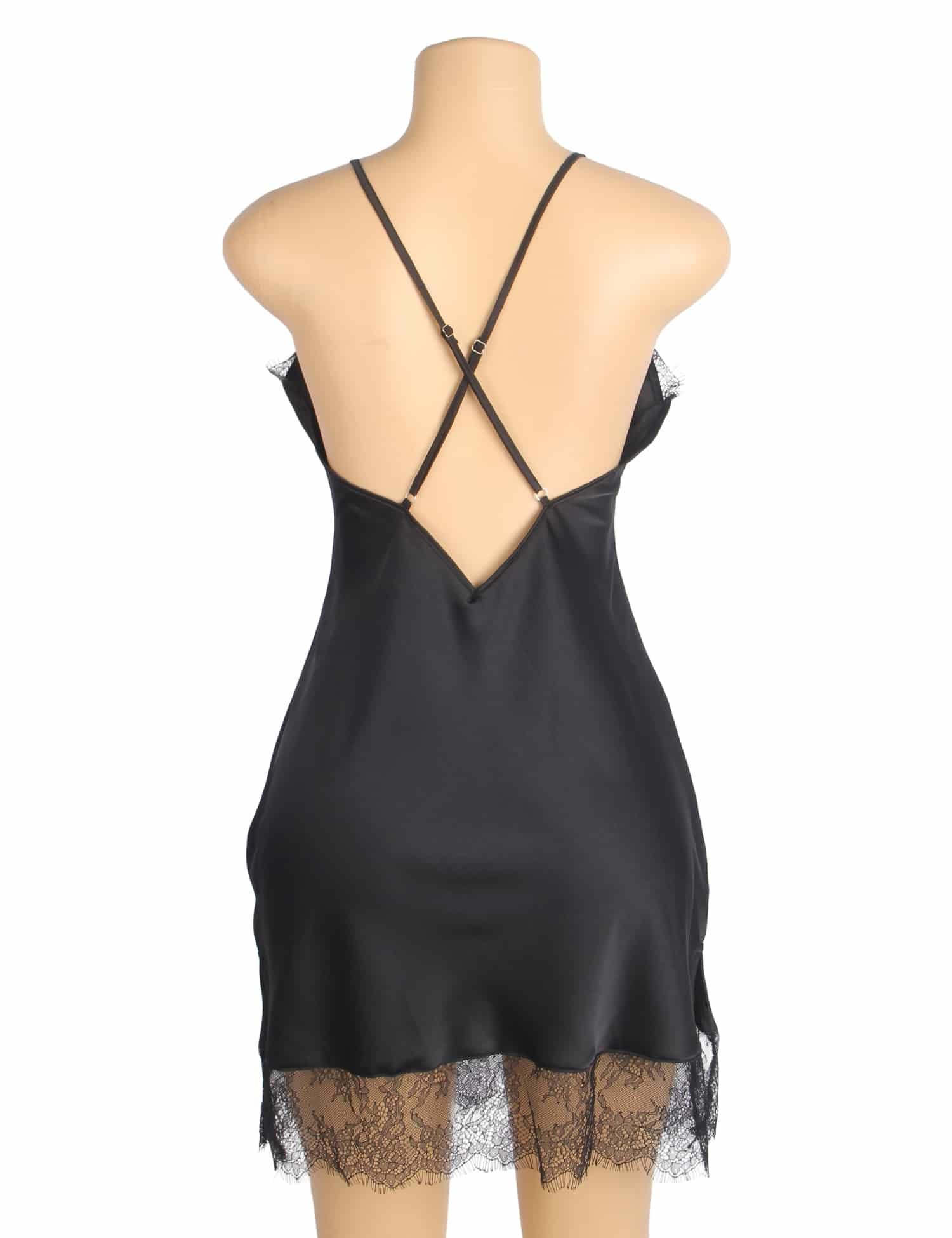 Black Sexy Satin Eyelash Lace Suspender Nightdress - Image 8