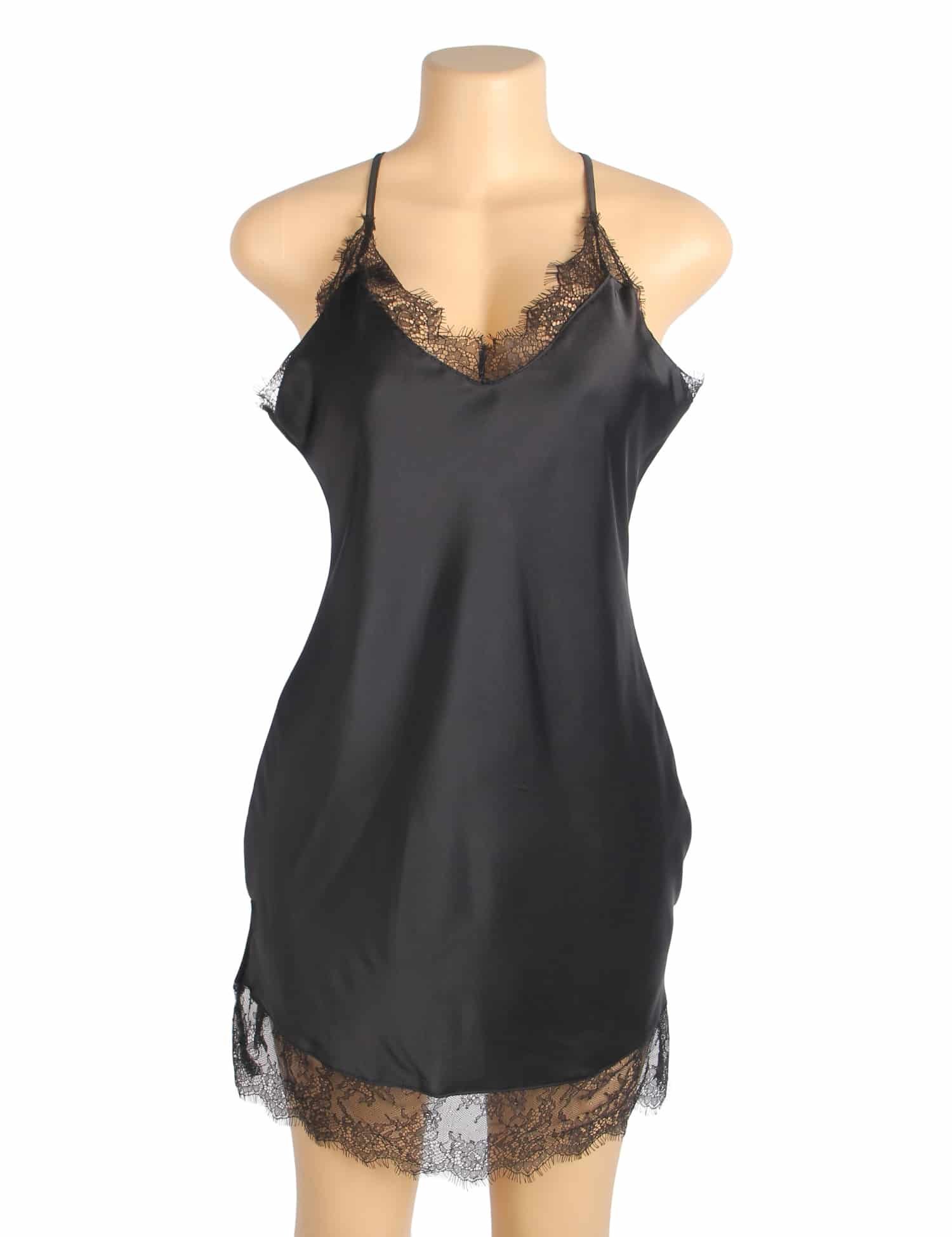 Black Sexy Satin Eyelash Lace Suspender Nightdress - Image 5
