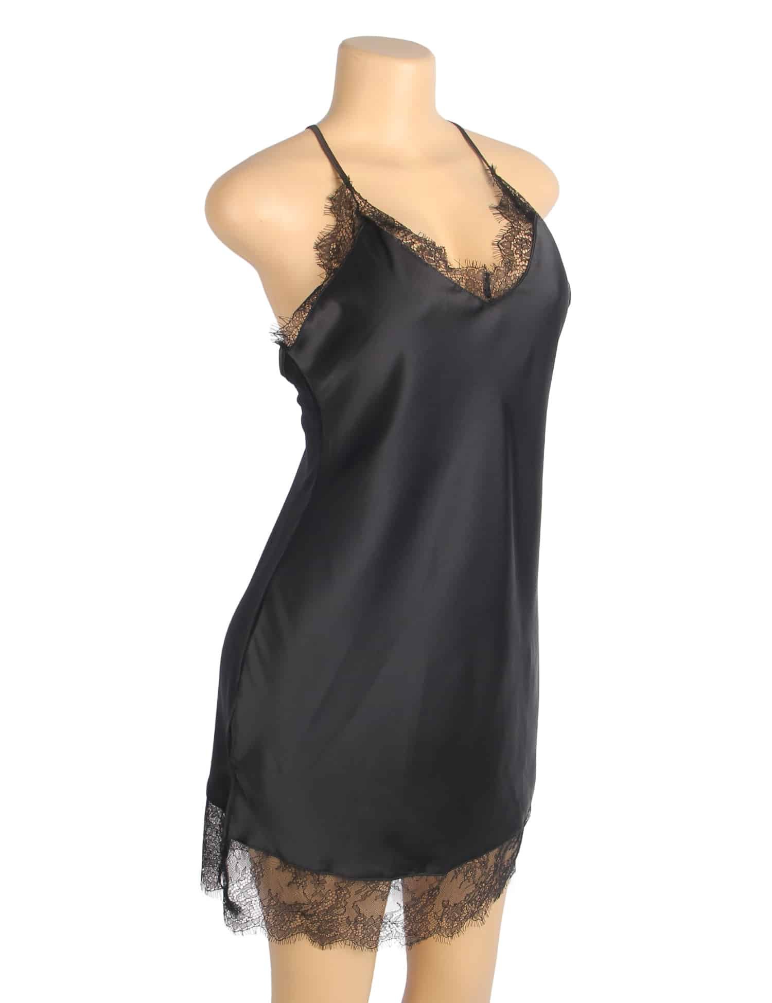 Black Sexy Satin Eyelash Lace Suspender Nightdress - Image 6