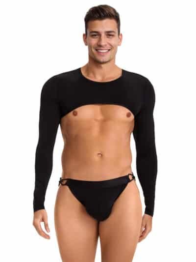 Black Ice Silk Long Sleeves Crop Top Sexy Men Lingerie Set