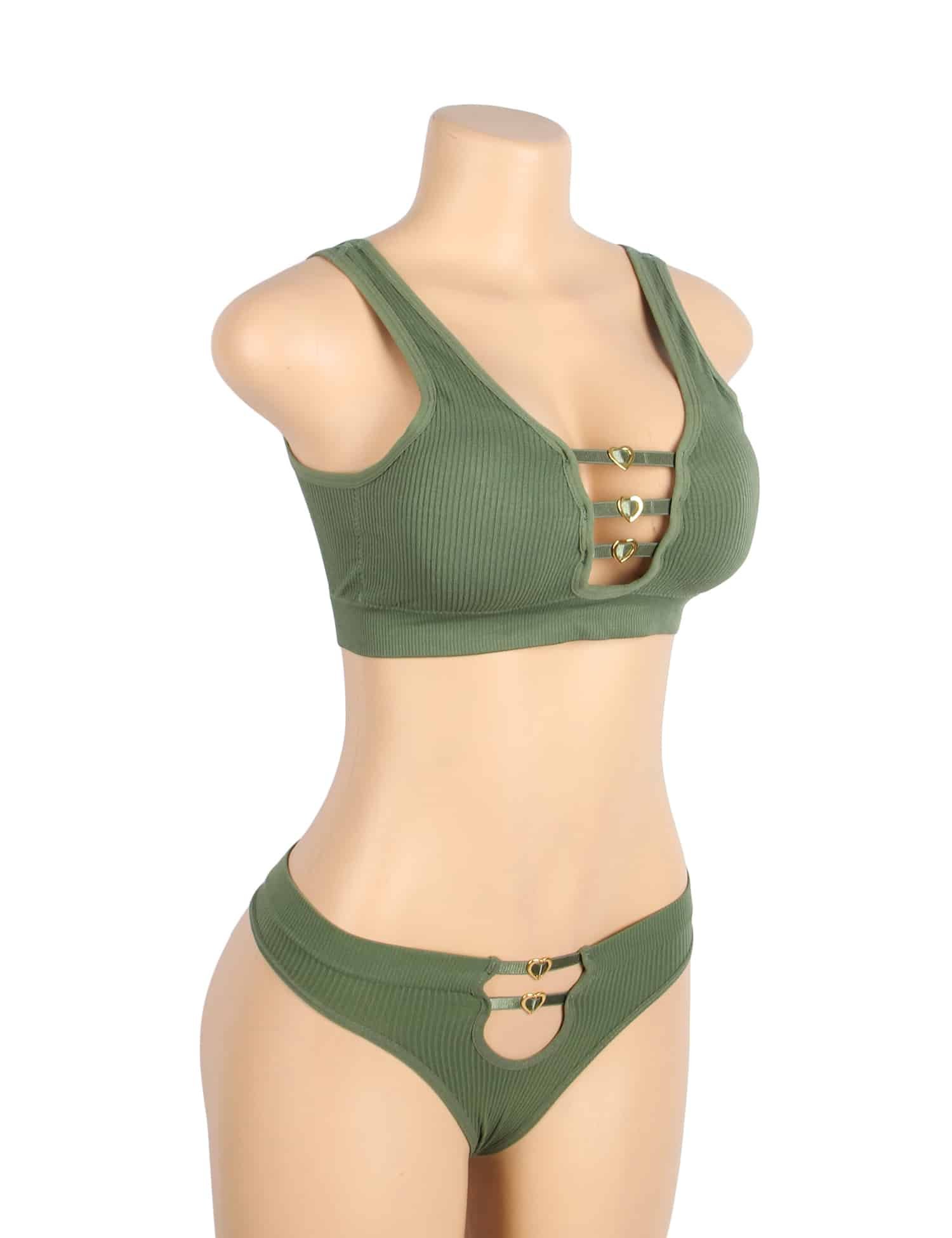 Green Sexy Hollow Heart Buckles Knitted Seamless Bra Set - Image 4