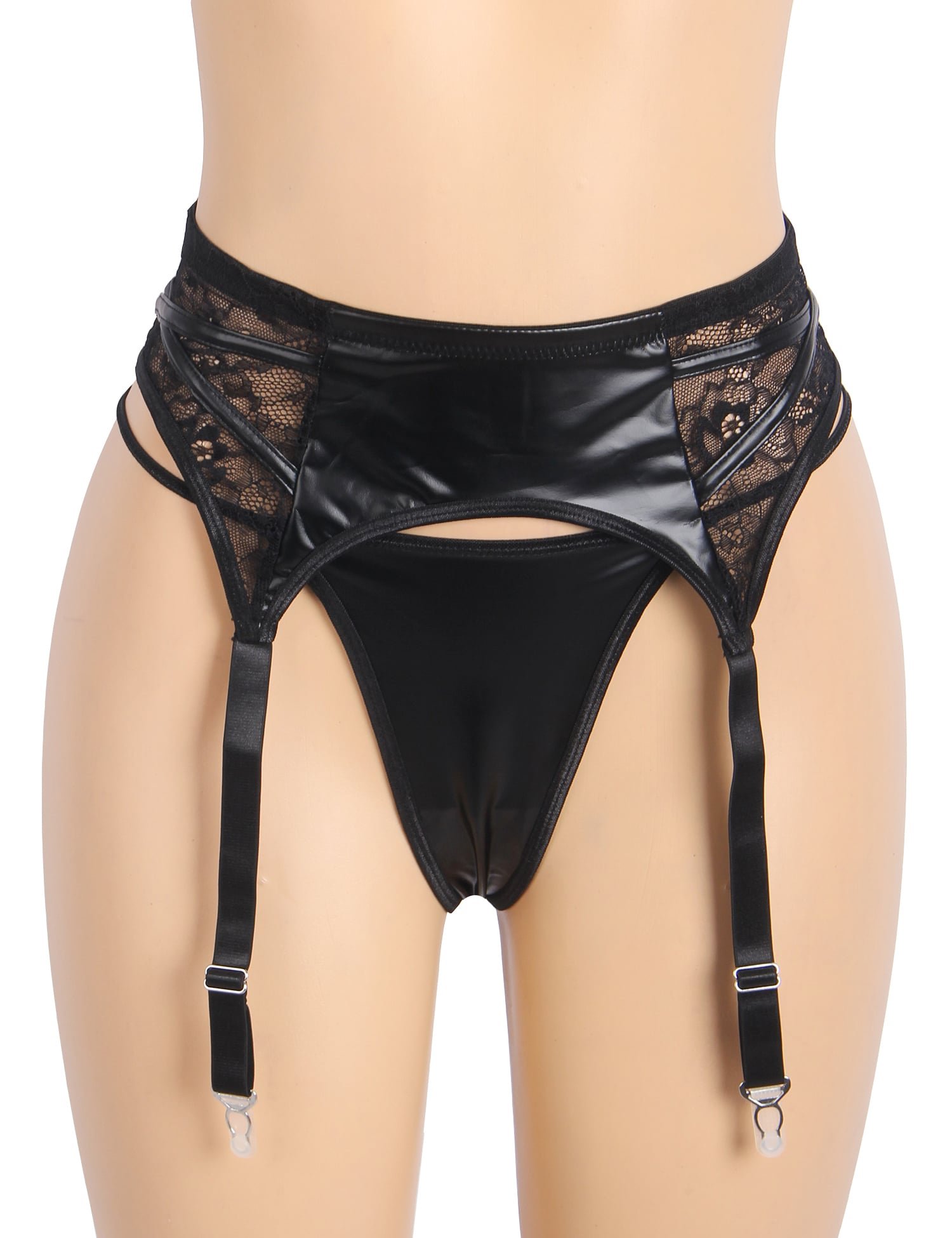 Black Sexy PU Leather Metal Clips Garter Panty - Image 3