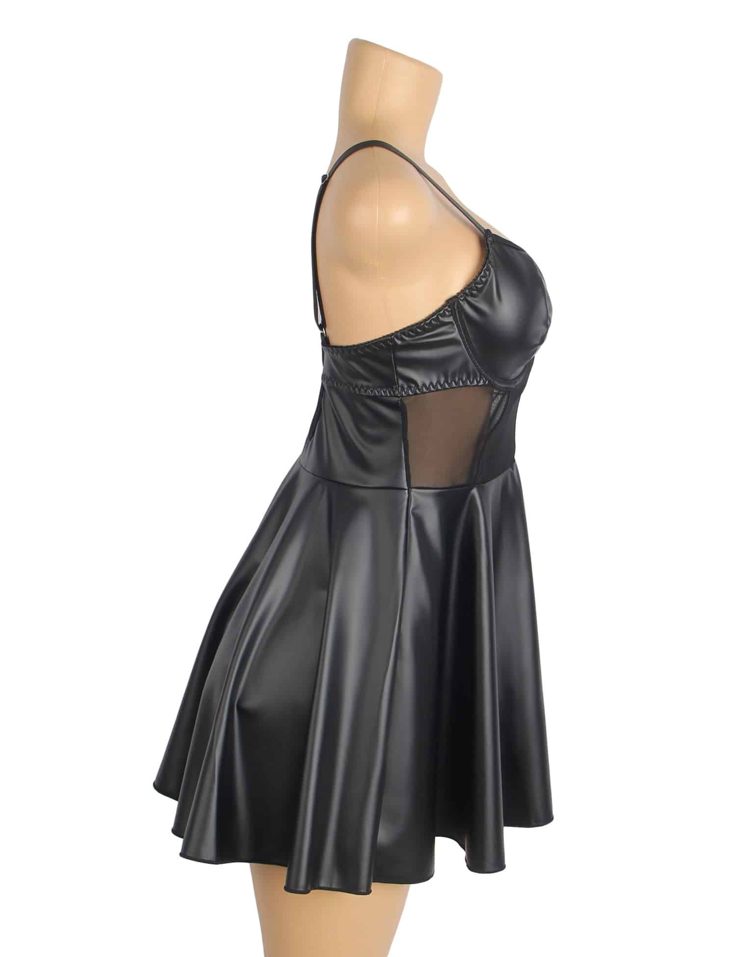 Black PU Leather Mesh Sexy Suspender Leather Nightdress - Image 11