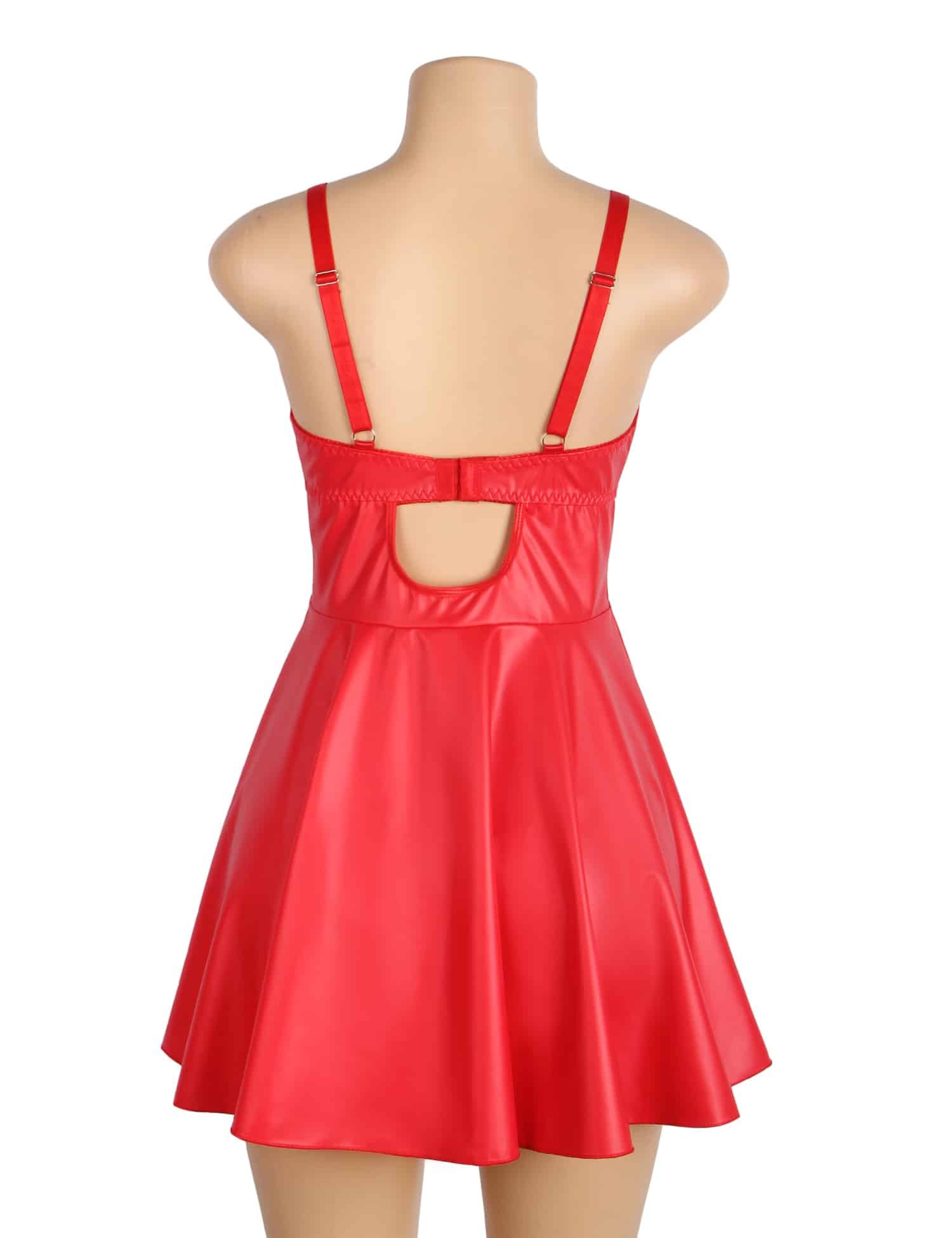 Red PU Leather Mesh Sexy Suspender Leather Nightdress - Image 10