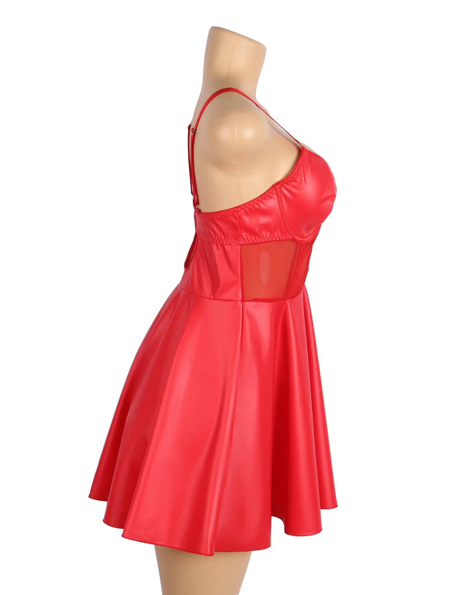 Red PU Leather Mesh Sexy Suspender Leather Nightdress - Image 9