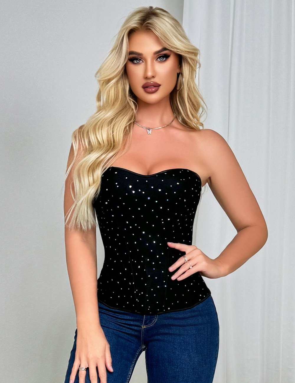 6 Pieces Plastic Bones Black Sexy Glitter Sequins Zippered Palace Style Corset - Image 2