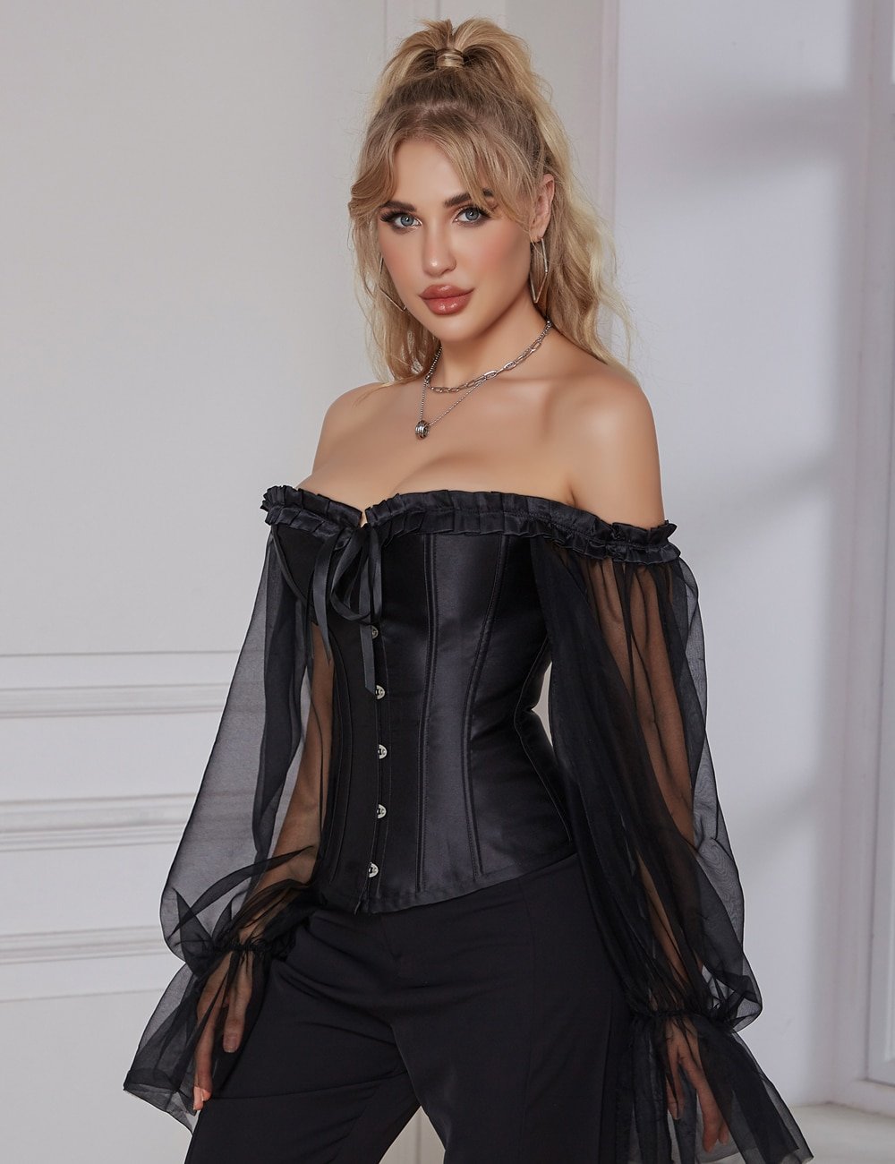 12 Pieces Plastic Black Sexy Lantern Long Sleeves Palace Style Corset - Image 3