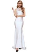 Embroidery Sleeveless High Neck Backless White Party Gown