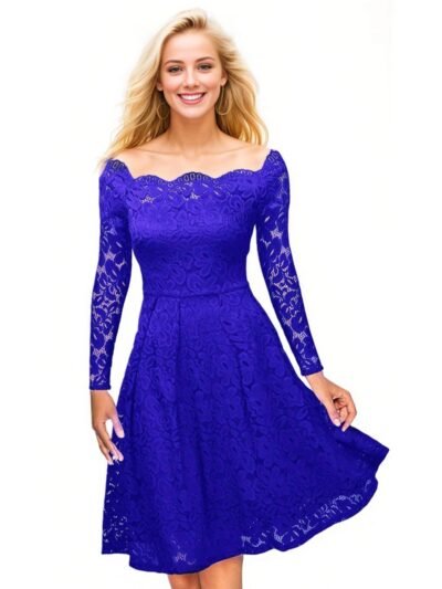 Long Sleeve Scalloped Blue Lace Midi Dress
