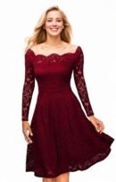 Dark Red Lace Long Sleeve Off Shoulder Dress