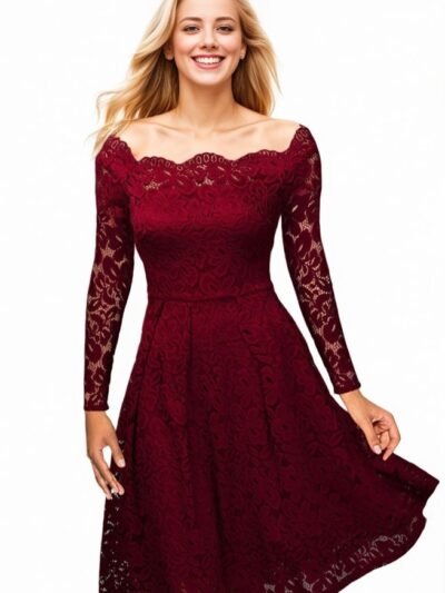 Dark Red Lace Long Sleeve Off Shoulder Dress