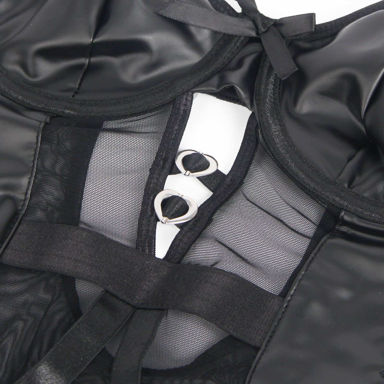 Black PU Leather Mesh Sexy Bodysuit With Hollow Waist - Image 13