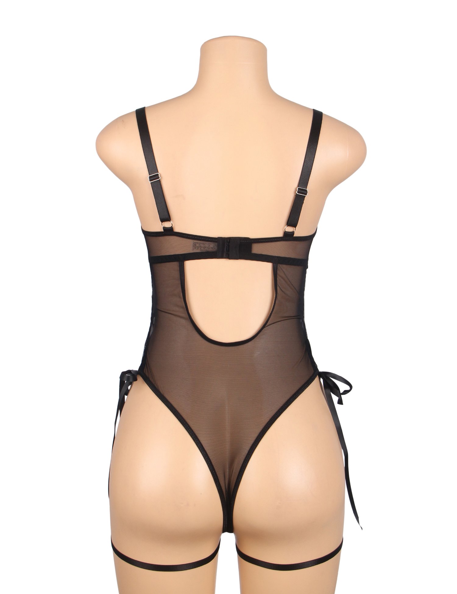 Black PU Leather Mesh Sexy Bodysuit With Hollow Waist - Image 11