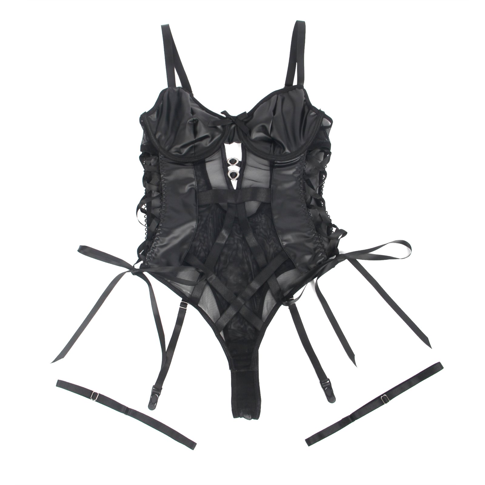 Black PU Leather Mesh Sexy Bodysuit With Hollow Waist - Image 12
