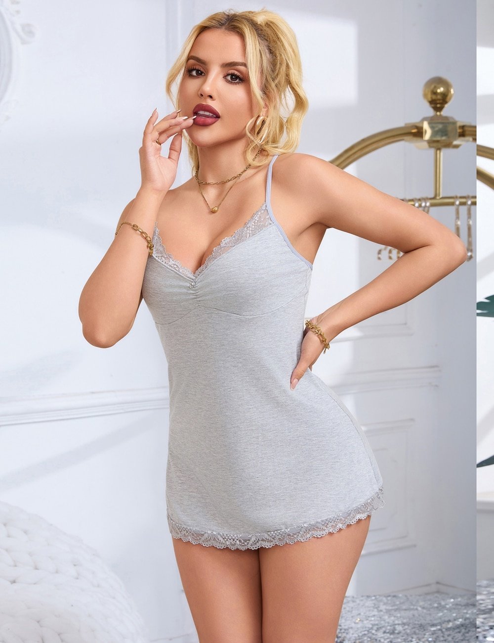 Gray Sexy Modal Lace Suspender Nightwear - Image 5