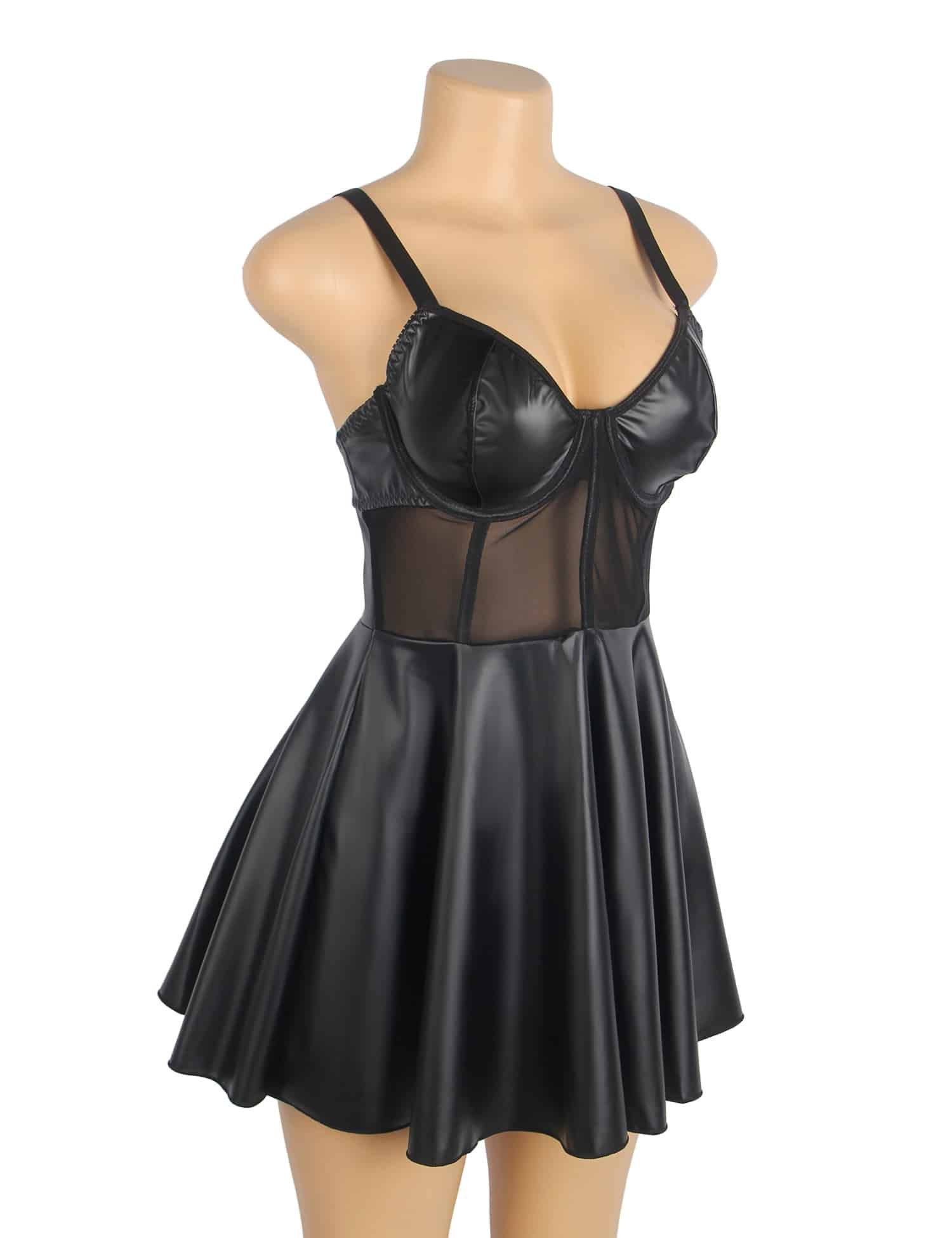 Black PU Leather Mesh Sexy Suspender Leather Nightdress - Image 10
