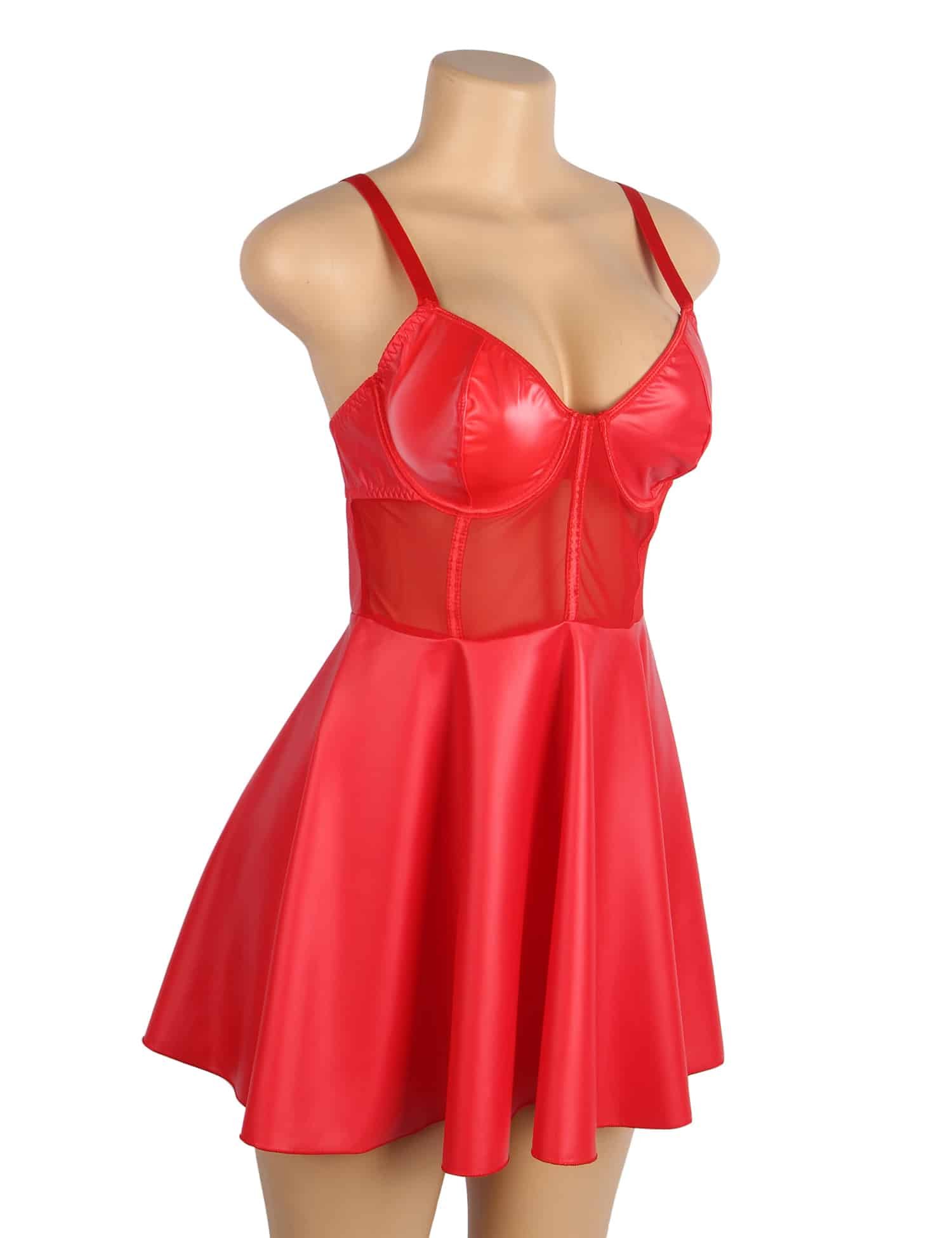 Red PU Leather Mesh Sexy Suspender Leather Nightdress - Image 8