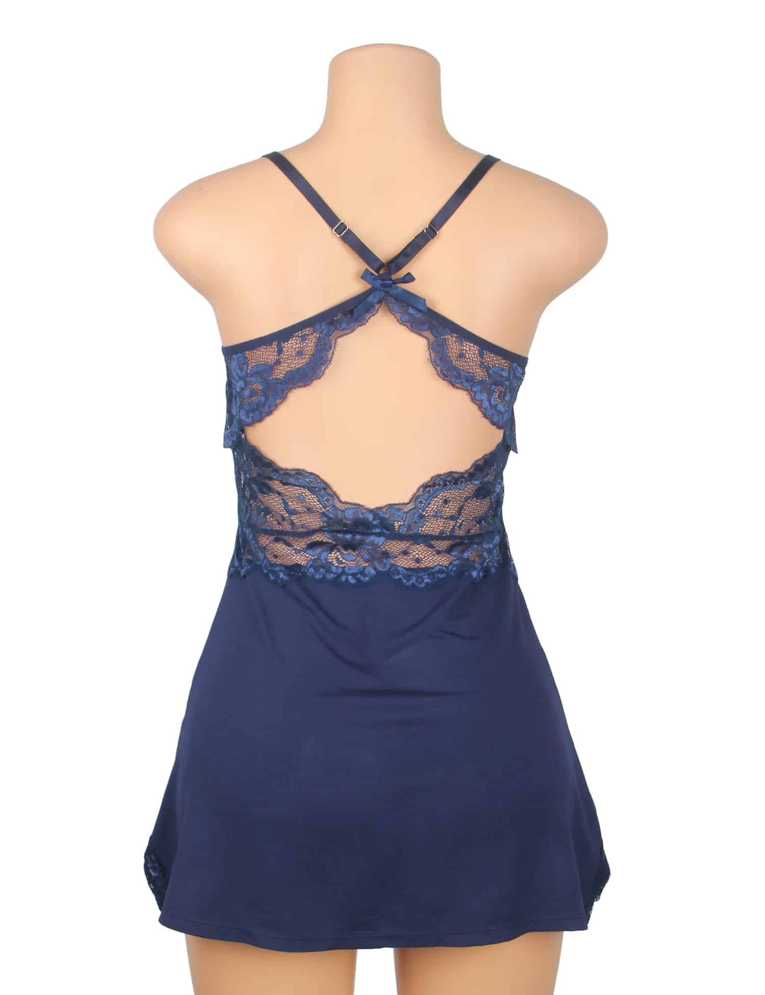 Blue Sexy Modal Lace Backless Nightdress - Image 9