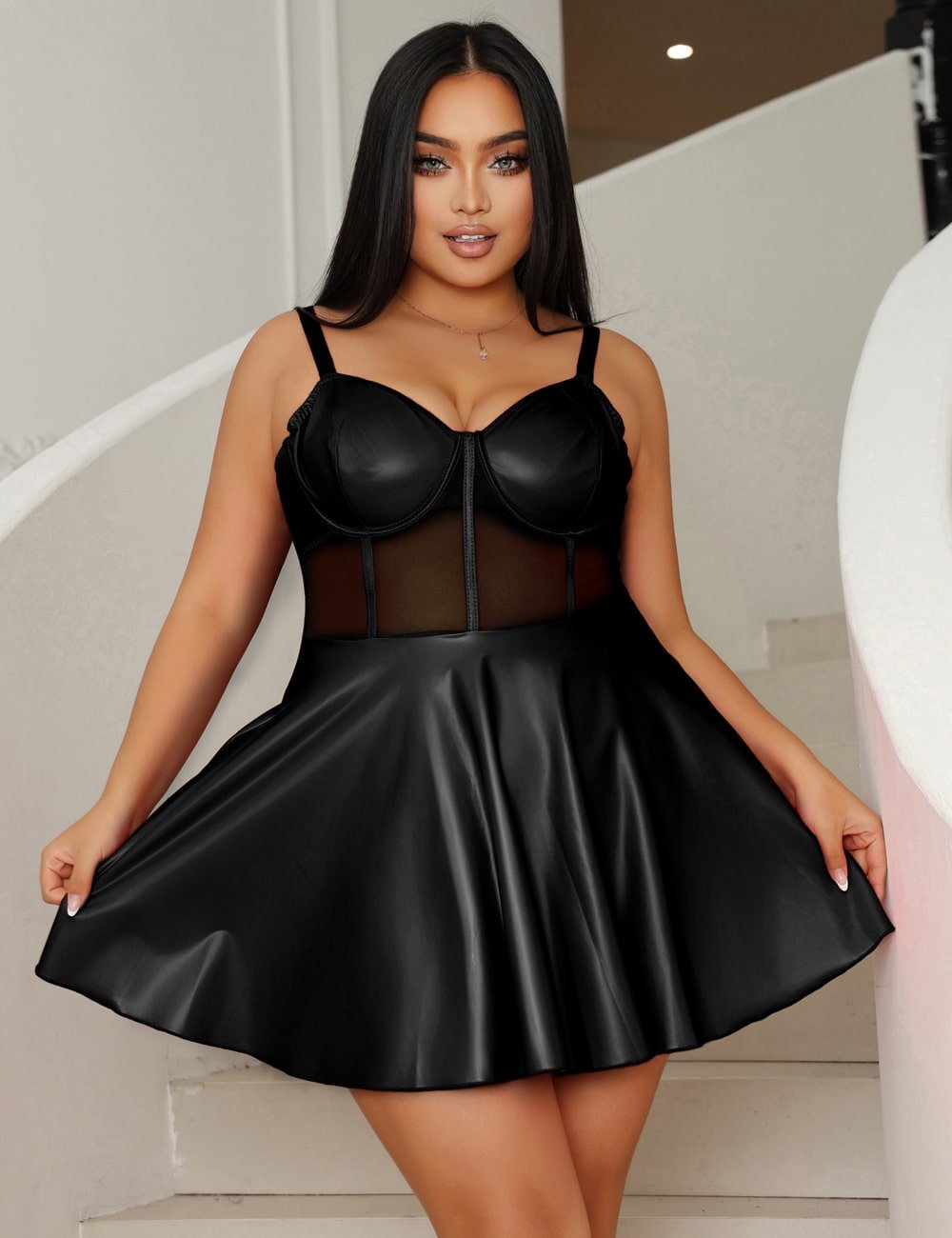 Black PU Leather Mesh Sexy Suspender Leather Nightdress - Image 2