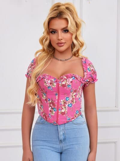 8 Pieces Plastic Bones Pink Sexy Puff Sleeves Printed Palace Style Corset