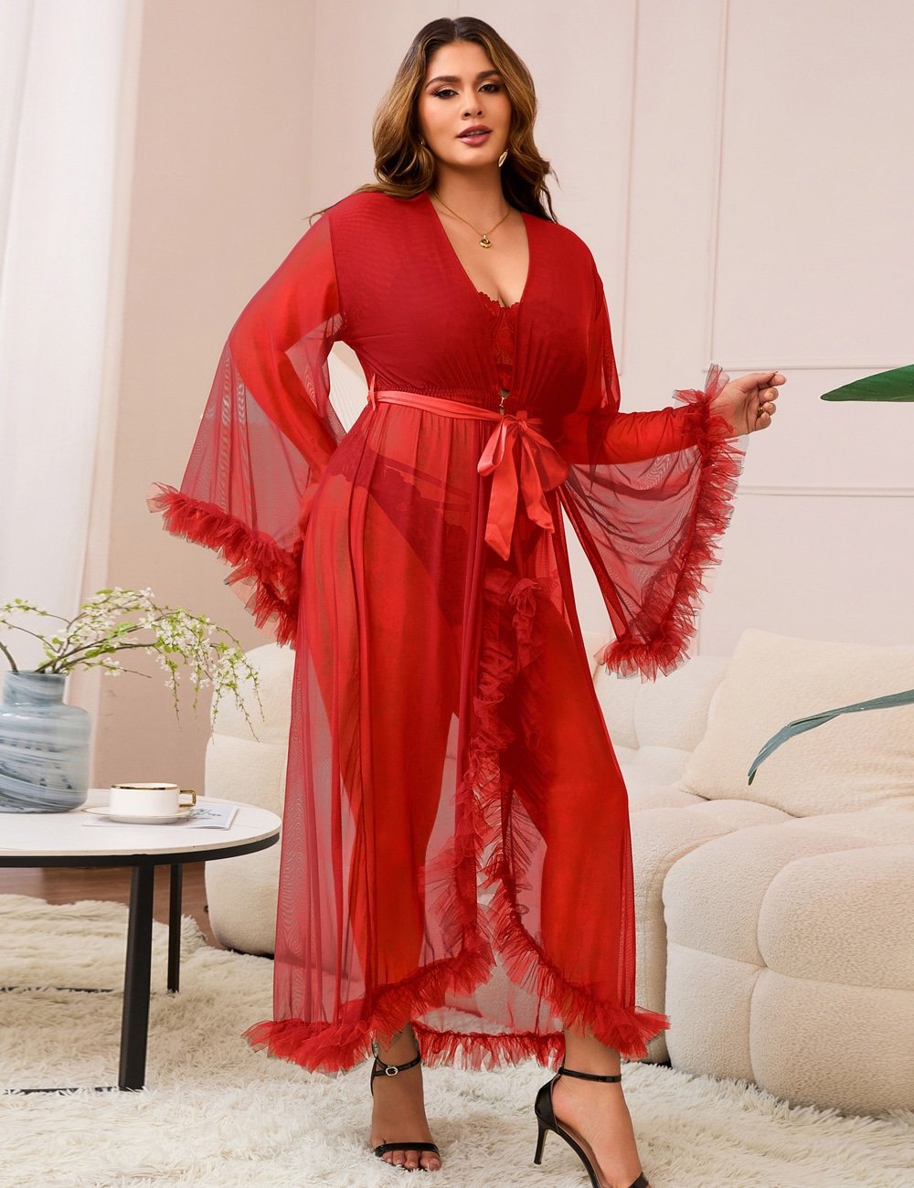 Red Sexy Mesh Ruffled Long Robe With Belt