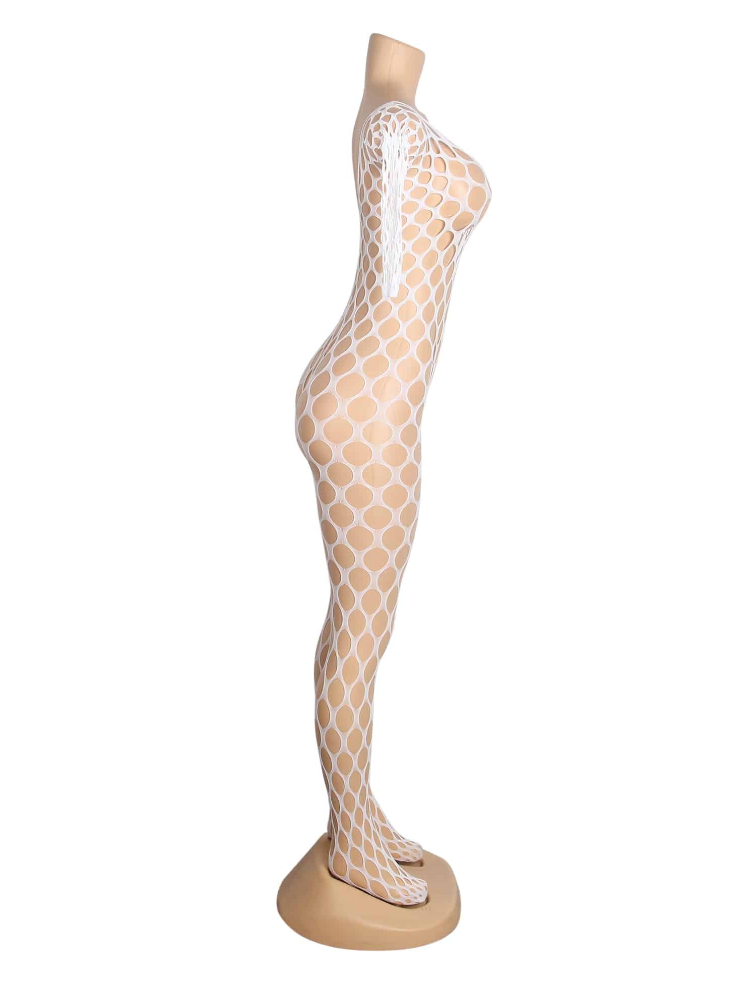 White Sexy Luminous Big Mesh Fishnet Long Sleeves Open Crotch Bodystocking - Image 6