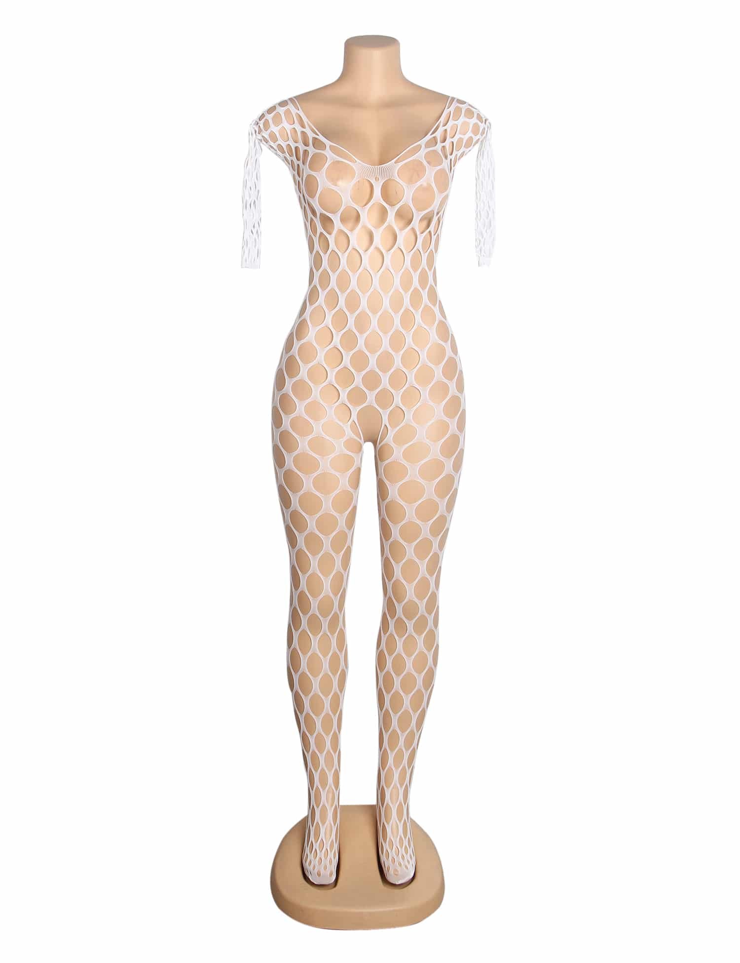 White Sexy Luminous Big Mesh Fishnet Long Sleeves Open Crotch Bodystocking - Image 4