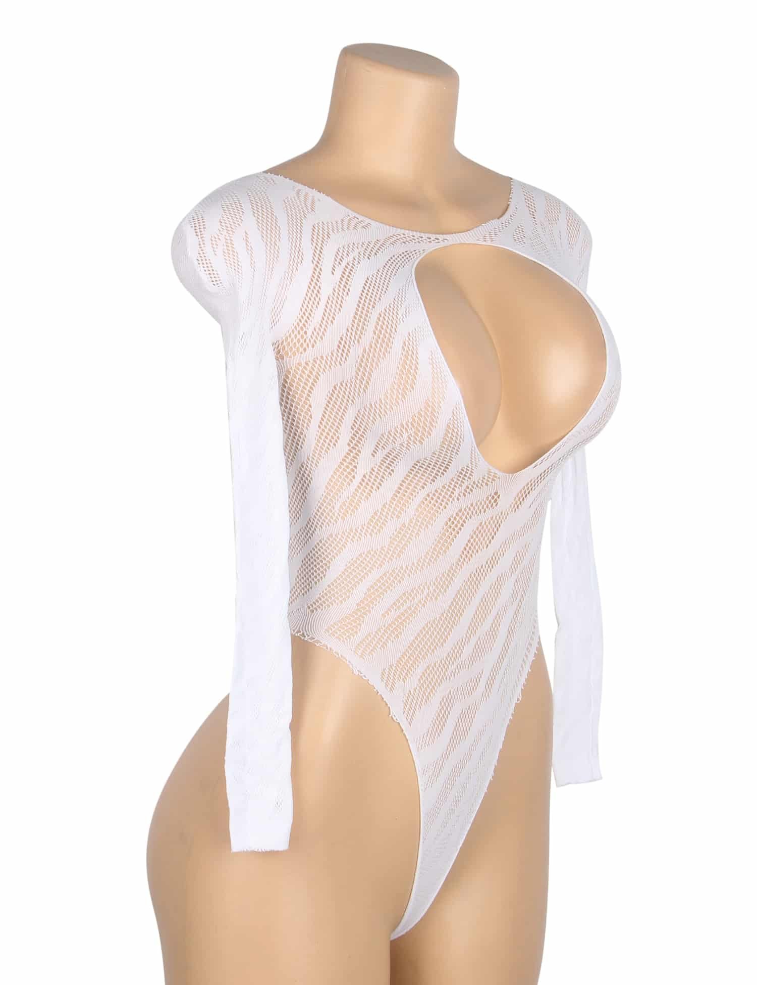 White Sexy Open Chest Striped Luminous High-cut Bodysuit With Long Sleeves - Image 6